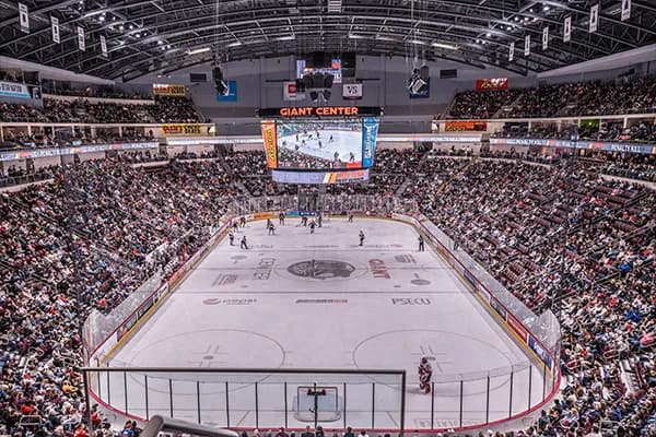 Interior of the hockey rink at GIANT Center from above during a Hershey Bears game.