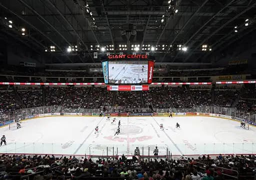 The 360 degree LED ribbon board illuminated around the GIANT Center arena bowl.