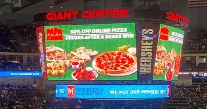 The GIANT Center center hung high definition scoreboard showing a Hershey Bears game.