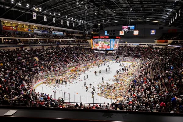 The ice rink at the GIANT Center covered with teddy bears during the annual Teddy Bear Toss.