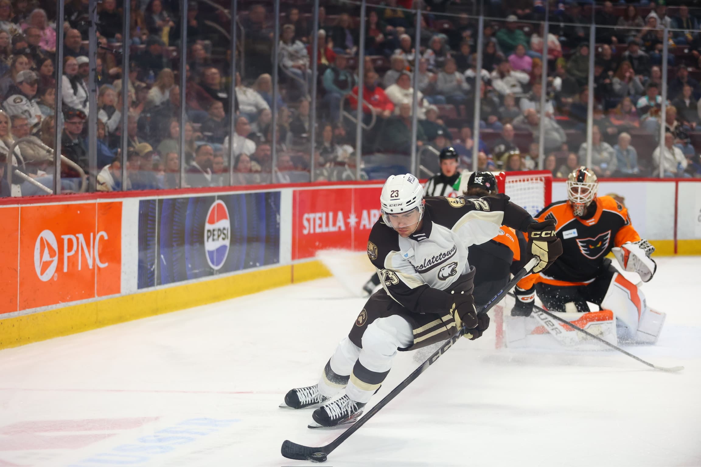 A Bears player on the ice during a Bears vs. Phantoms game.