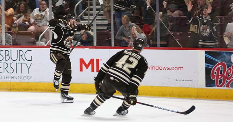 Vecchione OT Goal Lifts Bears to 5 4 Game 1 Win Over Monsters