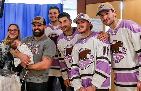 Hershey Bears players at Milton S. Hershey Penn State Health Children's Hospital and Cancer Institute
